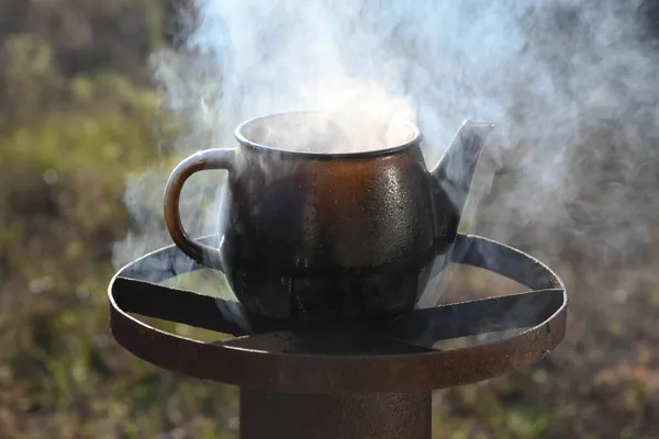 Boiling Water Kettle Wood Burning Stove Hard Times How Survive — Stock Photo, Image