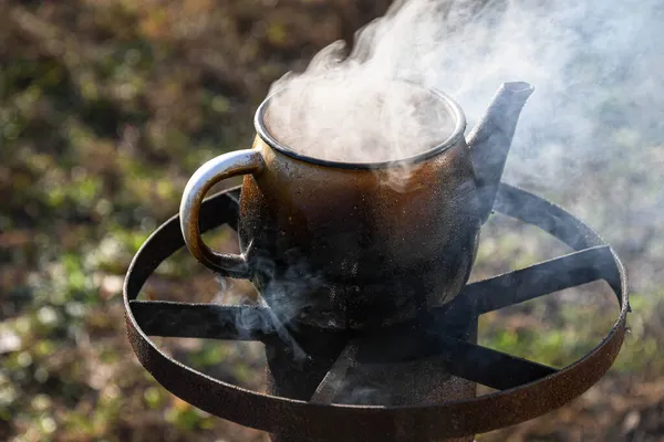 Boiling Water Kettle Wood Burning Stove Hard Times How Survive — Stock Photo, Image