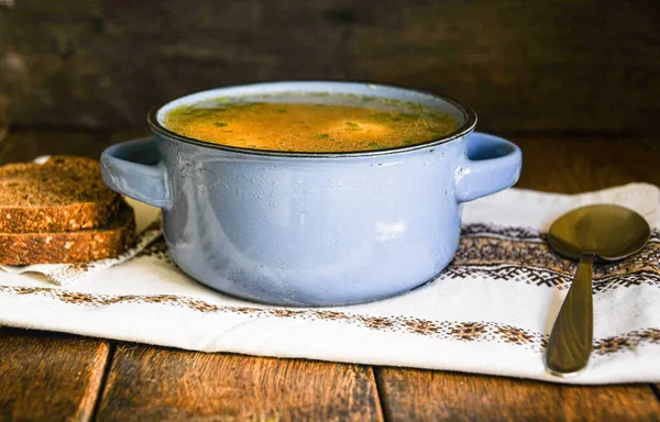 Homemade Soup Meatballs Ceramic Bowl Kitchen Napkin Kitchen Wooden Table — Stock Photo, Image