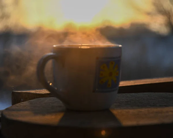 Morning Cup Coffee Winter Terrace Backdrop Rising Sun Sunrise — Stockfoto