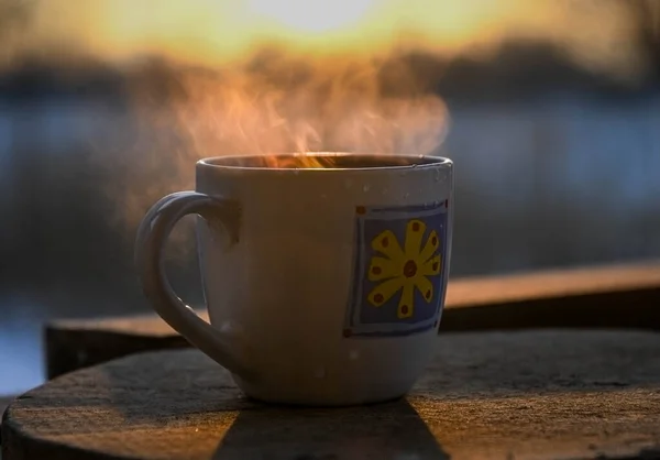 Morning Cup Coffee Winter Terrace Backdrop Rising Sun Sunrise — 图库照片