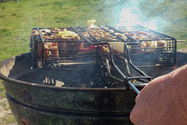 Fleisch Auf Kohlen Garten Zubereiten Sonniger Tag Picknick Und Grillen — Stockfoto