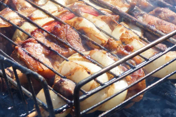 Cuisson Viande Sur Les Charbons Dans Jardin Journée Ensoleillée Pique — Photo