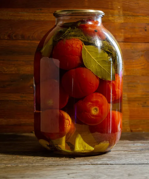 Tomates Marinées Dans Bocal Trois Litres Produits Faits Maison Cornichons — Photo