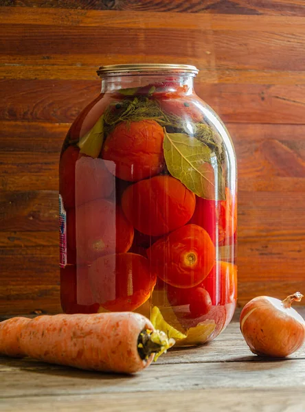 Tomates Marinées Dans Bocal Trois Litres Produits Faits Maison Cornichons — Photo