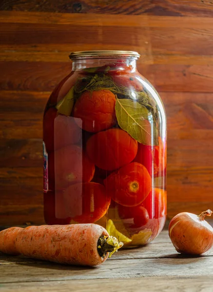 Tomates Conserva Num Frasco Três Litros Produtos Caseiros Picles — Fotografia de Stock