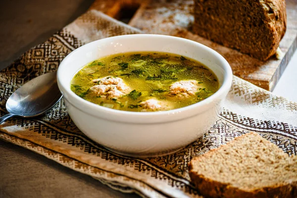 Homemade Appetizing Delicious Soup Meatballs Homemade Bread Kitchen National Napkin — Stock Photo, Image