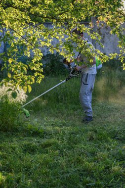 Adam çim biçiyor, kesiyor, fazla büyümüş bir bahçede çim biçiyor bahçe biçme makinesi ya da moto-tırpan kesiyor. Bahçe temizliği, bahçe temizliği. Umurumuzda değil....