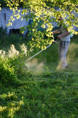 Adam çim biçiyor, kesiyor, fazla büyümüş bir bahçede çim biçiyor bahçe biçme makinesi ya da moto-tırpan kesiyor. Bahçe temizliği, bahçe temizliği. Umurumuzda değil....