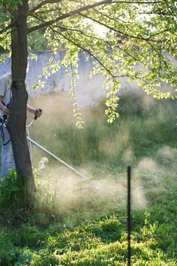 Adam çim biçiyor, kesiyor, fazla büyümüş bir bahçede çim biçiyor bahçe biçme makinesi ya da moto-tırpan kesiyor. Bahçe temizliği, bahçe temizliği. Umurumuzda değil....