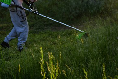 Adam çim biçiyor, kesiyor, fazla büyümüş bir bahçede çim biçiyor bahçe biçme makinesi ya da moto-tırpan kesiyor. Bahçe temizliği, bahçe temizliği. Umurumuzda değil....