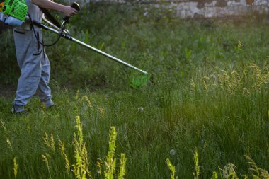 Adam çim biçiyor, kesiyor, fazla büyümüş bir bahçede çim biçiyor bahçe biçme makinesi ya da moto-tırpan kesiyor. Bahçe temizliği, bahçe temizliği. Umurumuzda değil....