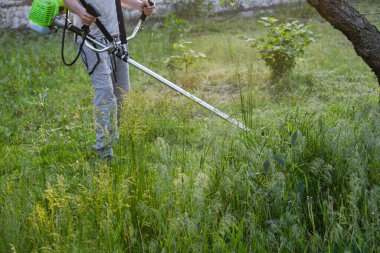 Adam çim biçiyor, kesiyor, fazla büyümüş bir bahçede çim biçiyor bahçe biçme makinesi ya da moto-tırpan kesiyor. Bahçe temizliği, bahçe temizliği. Umurumuzda değil....