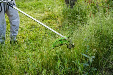 Adam çim biçiyor, kesiyor, fazla büyümüş bir bahçede çim biçiyor bahçe biçme makinesi ya da moto-tırpan kesiyor. Bahçe temizliği, bahçe temizliği. Umurumuzda değil....