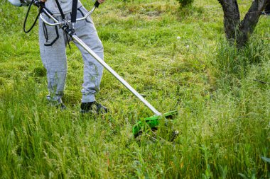 Adam çim biçiyor, kesiyor, fazla büyümüş bir bahçede çim biçiyor bahçe biçme makinesi ya da moto-tırpan kesiyor. Bahçe temizliği, bahçe temizliği. Umurumuzda değil....