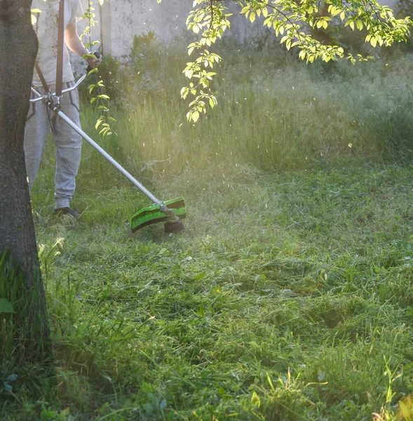 Guy Mows Cuts Cuts Grass Overgrown Garden Garden Trimmer Moto — Stock Photo, Image