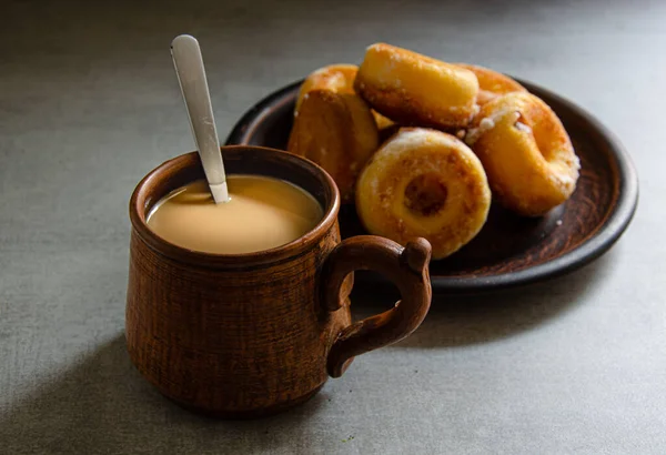 Most Delicious Homemade Donuts Coffee Milk Folk Mug Home Cooking — Stok Foto