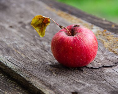 Olgun, kırmızı sonbahar elmaları bahçede eski bir tahtanın üzerinde.