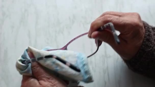 Old Woman Cleaning Wiping Glasses Her Handkerchief — Stock Video