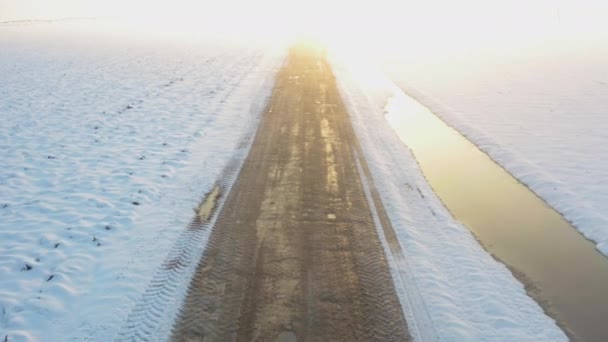 Flying Camera Drone Ruff Country Road Covered Ice Snow Next — Stock Video
