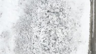 Soğuk bir kış gününde yol boyunca karla kaplı bitki örtüsüyle bir sonraki donmuş buzlu yolda uçmak.