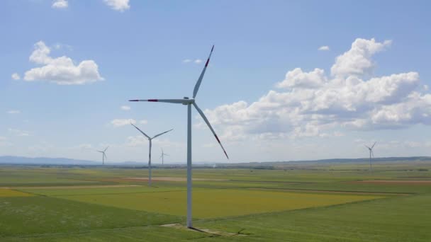 Drone Shot Wind Turbines Farm Agricultural Fields Blue Sky Dotted — Vídeos de Stock