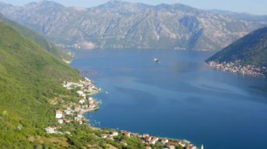 drone fly above Boka bay.Beautiful summer landscape of the Bay of Kotor coastline. Aerial drone view 4K.