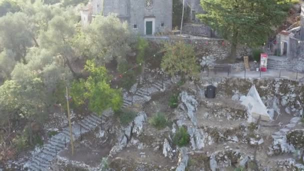 Drone Shot Landmark Village Gornji Stoliv Montenegro Найстаріша Церква України — стокове відео