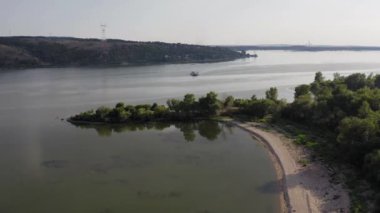 Aerial view of an sandy beach on Danube river - where the river is widest in its course