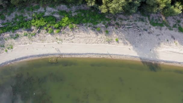Aerial Drone Shot Sandy Coast River Danube — Stockvideo
