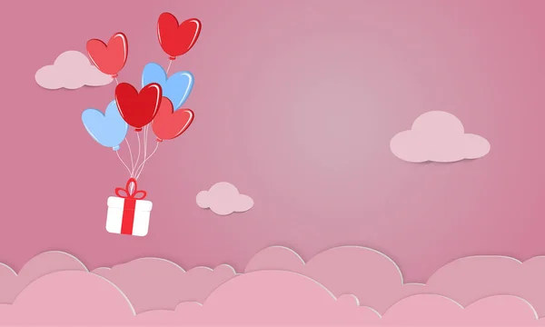 Aşk ve sevgililer günü tasviri, kalp şeklinde balonlar gökyüzünde yüzen hediye kutusu. Kağıt sanatı ve dijital zanaat tarzı. — Stok Vektör