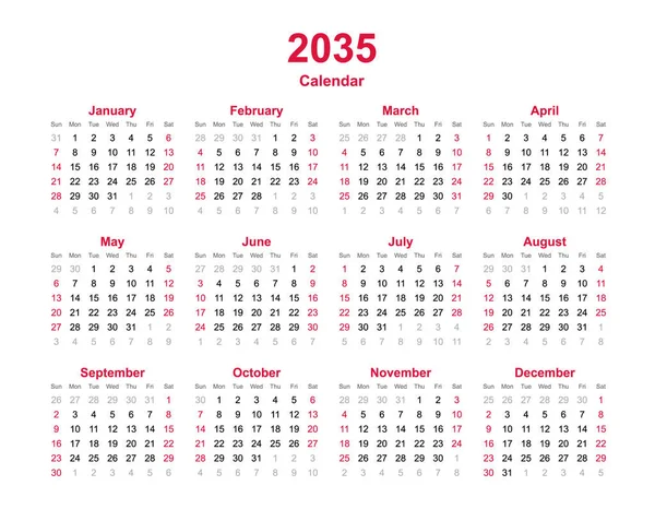 Calendario 2035 Meses Calendario Vectorial Anual Año 2035 Plantilla Calendario — Vector de stock