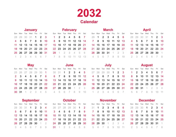 Calendario 2032 Meses Calendario Vectorial Anual Año 2032 Plantilla Calendario — Vector de stock