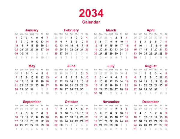 Calendario 2034 Meses Calendario Vectorial Anual Año 2034 Plantilla Calendario — Vector de stock