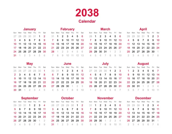 Año Natural 2038 Plantilla Calendario Meses — Vector de stock
