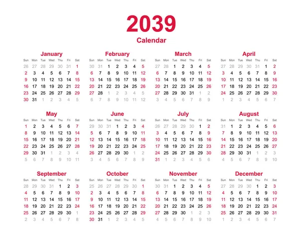 Ano Civil 2039 Modelo Calendário Meses —  Vetores de Stock