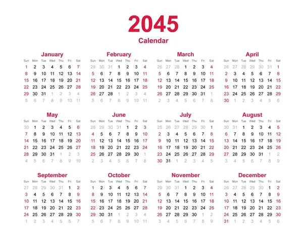 Kalendářní Rok 2045 Měsíční Kalendářní Šablona — Stockový vektor