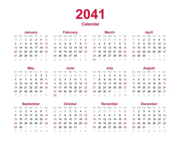 Rok Kalendarzowy 2041 Szablon Kalendarza Miesięcy — Wektor stockowy