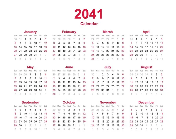 Année Civile 2041 Modèle Calendrier Mois — Image vectorielle