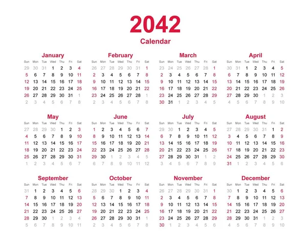 カレンダー2042年 12ヶ月カレンダーテンプレート — ストックベクタ
