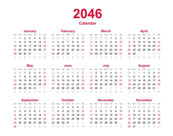 カレンダー2046 12ヶ月カレンダーテンプレート — ストックベクタ