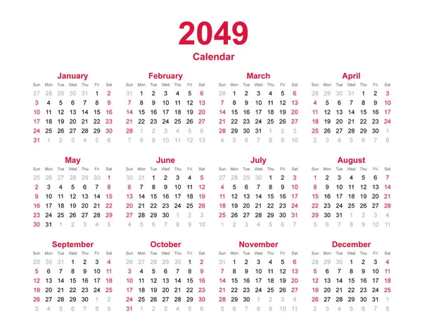 Año Civil 2049 Plantilla Calendario Meses — Vector de stock