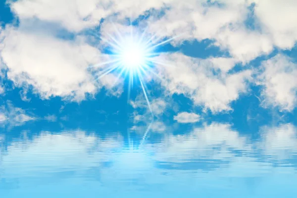 Peaceful background - bright sun, blue sky, white clouds - heave — Stock Photo, Image