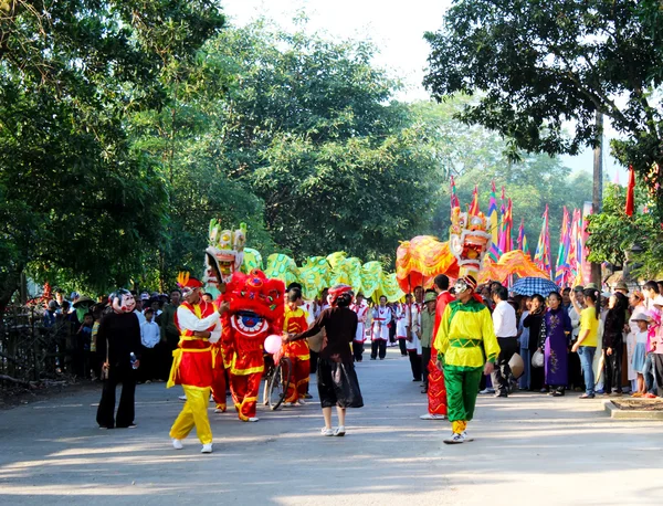 Grupo de personas rendimiento danza del león — Foto de Stock