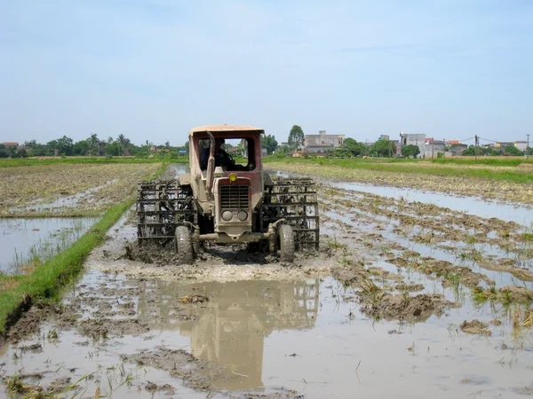 Vietnam agricoltori lavora in una risaia con trattore — Foto Stock