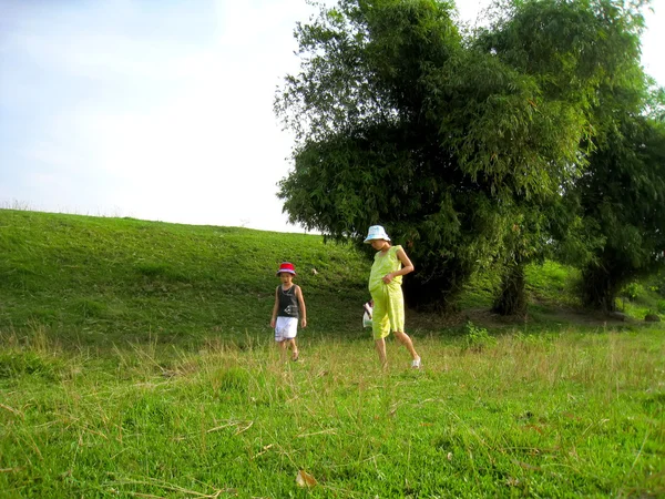 Mother and son go for a walk on the grass — Stock Photo, Image