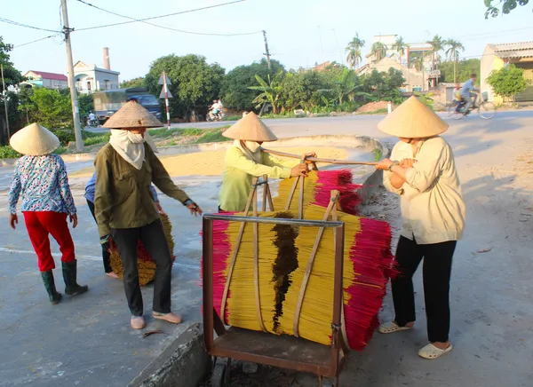 Le donne vietnamite raccolgono i bastoncini di incenso dopo l'essiccazione — Foto Stock