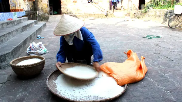 Vietnamees vrouw landbouwer schoon rijst na frezen — Stockfoto