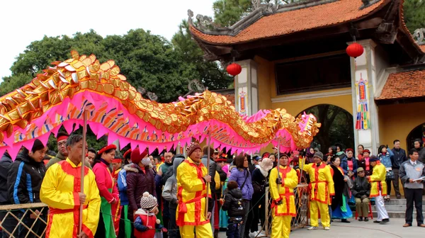 Un grupo de personas asiáticas bailan dragón en festivales folclóricos — Foto de Stock