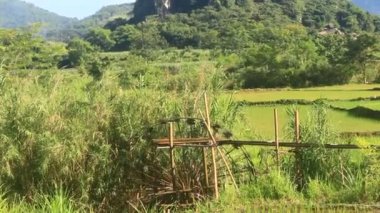 Su çarkları bambudan yapılır. Makaralar pirinci sulamak için dereden su alır. Bu Vietnam dağlarındaki etnik azınlıkların popüler bir parçası.